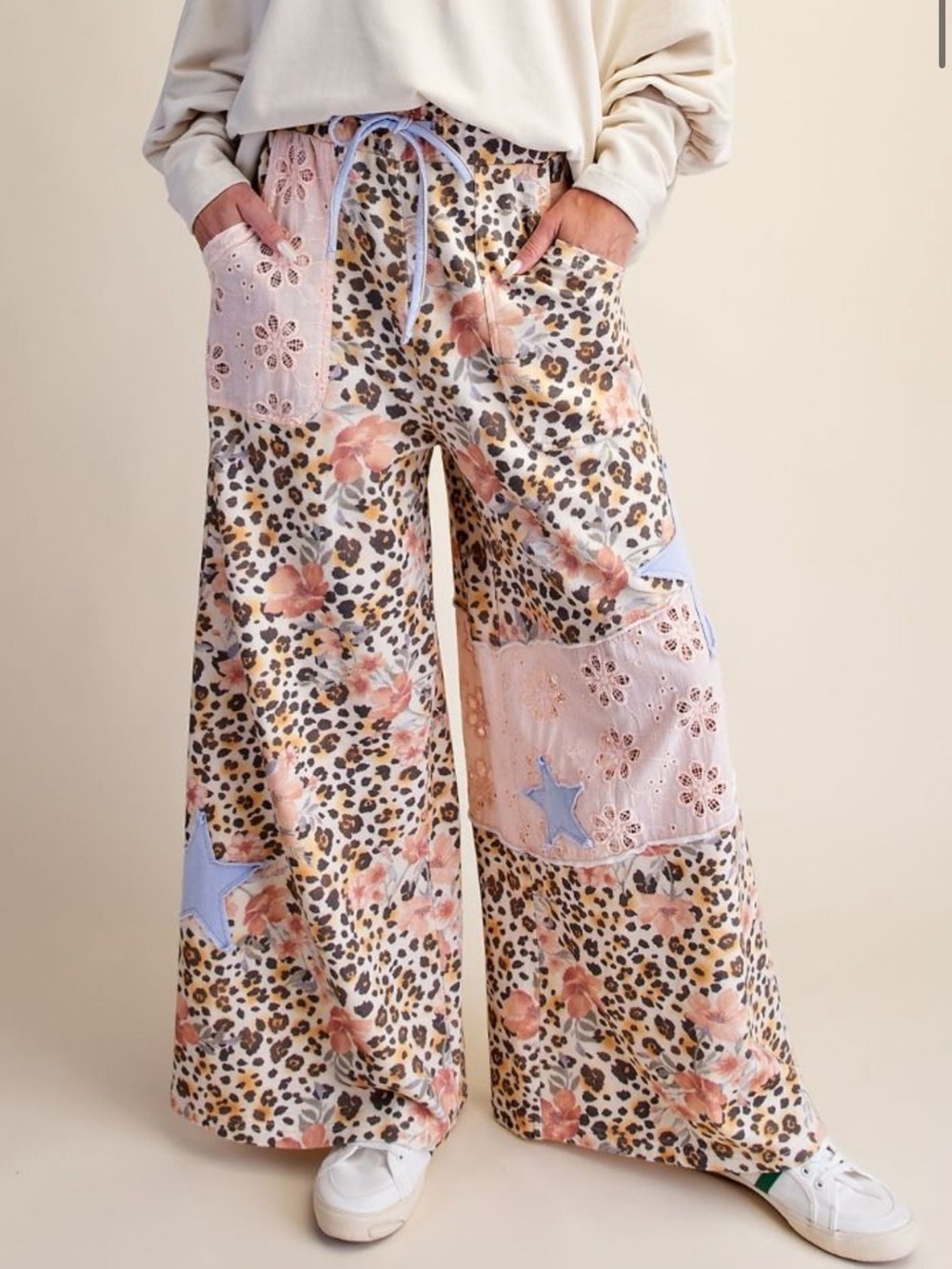 EF80–💙🩷 (ETA 9/20) Star Patchwork Floral Wide-Leg Drawstring Pants - Pink Multi